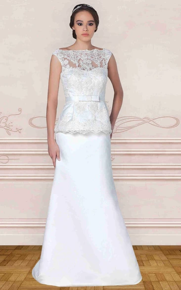 Maxi Bateau-Neck Appliqued Cap-Sleeve Satin Wedding Dress