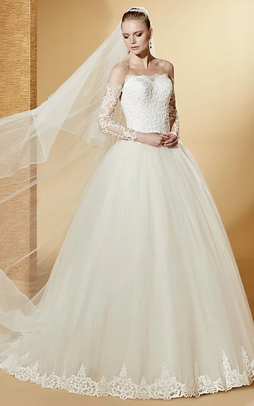Lovely Long-Sleeve Ball Gown With Lace Appliques Bodice And Illusive Neckline