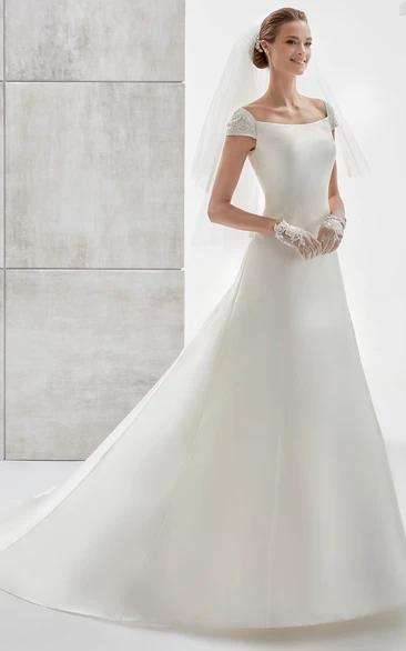 Simple Cap-Sleeve Satin A-Line Wedding Dress With Brush Train And Lace Straps