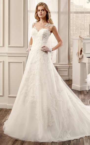 V-Neck A-Line Wedding Dress With Brush Train And Illusive Back
