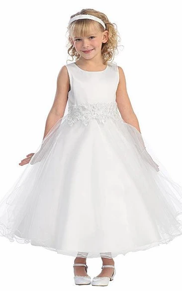 Floral Tea-Length Bell-Sleeve Tiered Tulle&Lace Flower Girl Dress