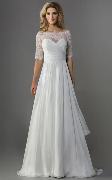 Half-Sleeved A-Line Chiffon Wedding Dress With Illusion Lace Detail
