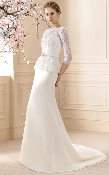 Sheath Maxi Appliqued 3-4-Sleeve Jewel-Neck Jersey&Lace Wedding Dress With Waist Jewellery