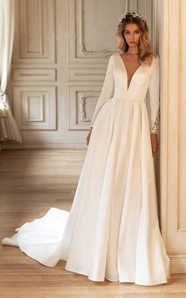 Long Sleeved Ethereal A Line Satin Wedding Gown with Ruching