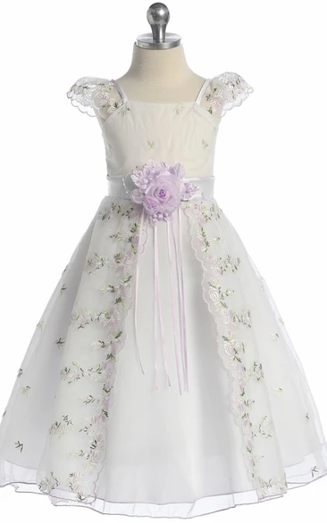 Split Tea-Length Bowed Floral Organza Flower Girl Dress With Embroidery