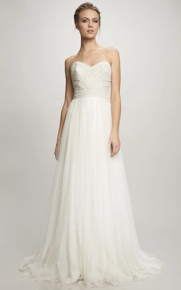 A-Line Long Sweetheart Tulle Wedding Dress With Beading And Zipper