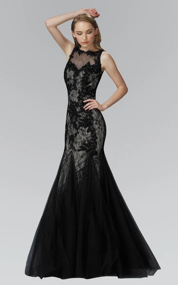 Trumpet Bateau Sleeveless Lace Deep-V Back Dress With Appliques And Beading