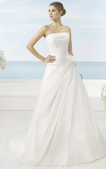 A-Line Sleeveless Strapless Long Side-Draped Satin Wedding Dress With Flower
