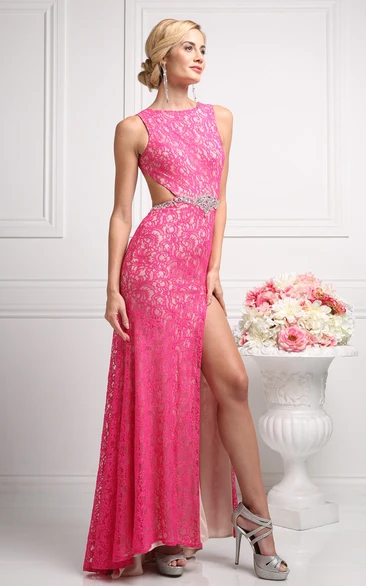 Sheath Long Jewel-Neck Lace Backless Dress With Split Front And Waist Jewellery