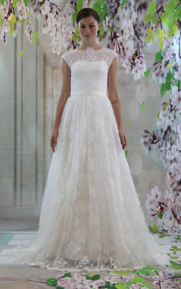 Cap Sleeve High Neckline Ballgown Wedding Dress With Lace Bodice