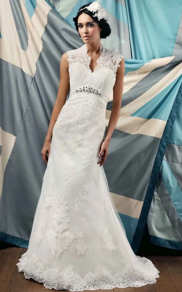 Sheath Appliqued Floor-Length Cap-Sleeve Notched Lace Wedding Dress With Waist Jewellery