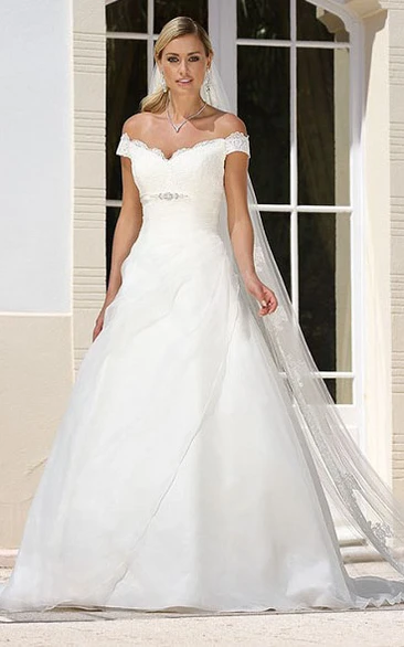 A-Line Long Appliqued Off-The-Shoulder Tulle&Satin Wedding Dress With Broach And Side Draping