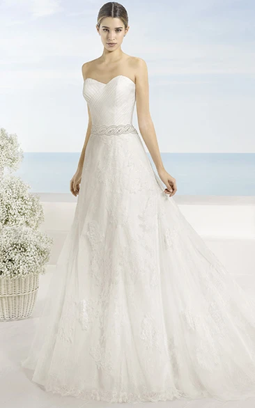 A-Line Sweetheart Long Appliqued Lace Wedding Dress With Criss Cross And Waist Jewellery
