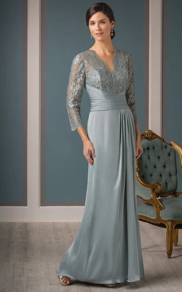 3-4 Sleeved Long Mother Of The Bride Dress With Pleats And V-Back