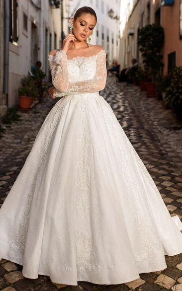 Modern Ball Gown Lace Off-the-shoulder Floor-Length Long Sleeve Wedding Dress With Appliques