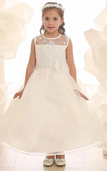 Tea-Length Floral Bowed Lace&Organza Flower Girl Dress With Illusion