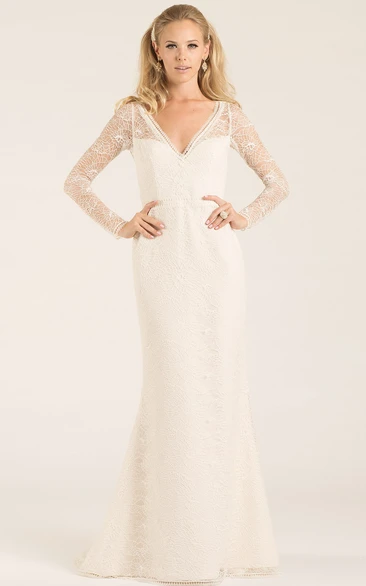 Sheath Long-Sleeve V-Neck Lace Wedding Dress With Keyhole