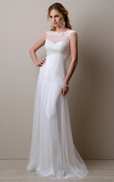 Cap Sleeve Empire Tulle A-Line Gown With Keyhole Back And Lace Top