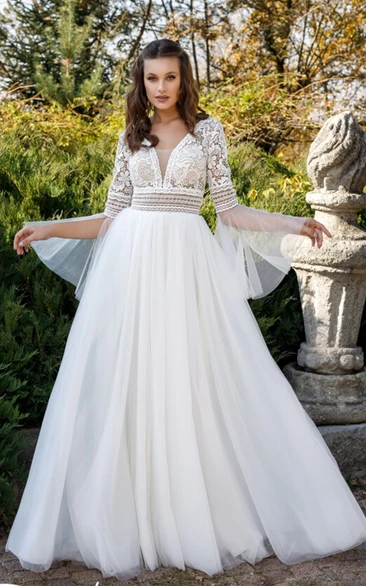 Charming Plunging Neck A Line Tulle Sweep Train Wedding Dress with Appliques