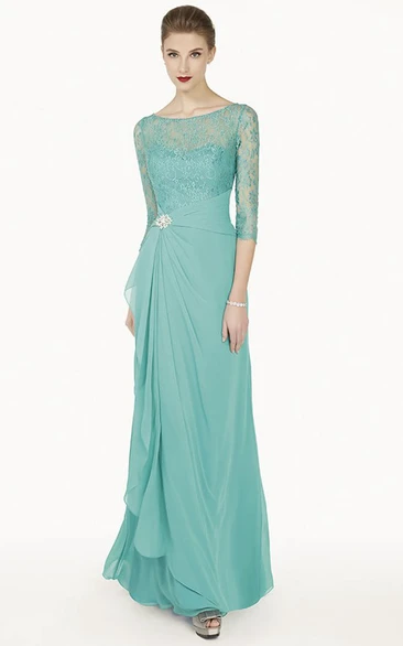 Sheath Broach Floor-Length Scoop-Neck Half-Sleeve Chiffon Prom Dress With Draping And Lace