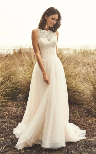 Sleeveless Illusion Button Back Jewel Neckline And Court Train Lace Tulle Wedding Dress