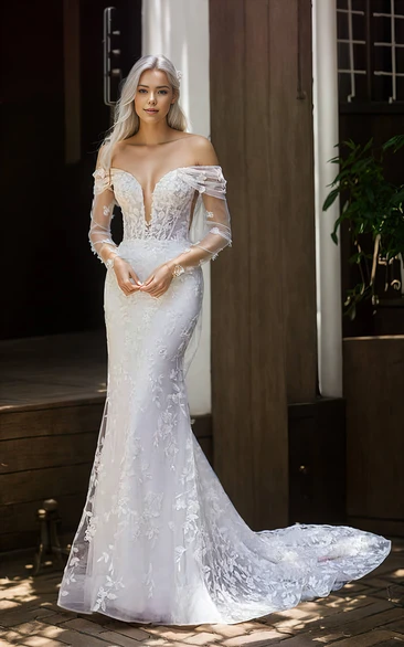 Glamorous Romantic Mermaid Lace Tulle Off-the-shoulder Plunging Neckline Wedding Dress Floor-length Sleeveless Appliques Bridal Gown with Open Zipper Back Court Train