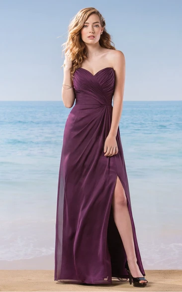 Sweetheart A-Line Floor-Length Bridesmaid Dress With Ruches And Front Slit