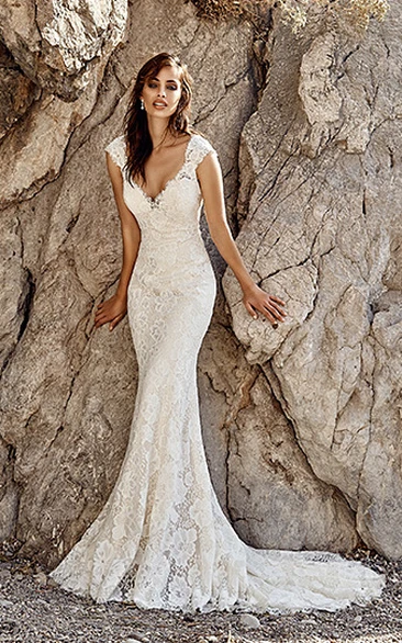 Sheath Maxi Cap-Sleeve V-Neck Lace Wedding Dress With Appliques And Court Train