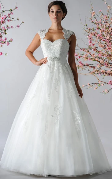 Cap Sleeve A-Line Tulle Bridal Gown With Crystal Sash And Appliques