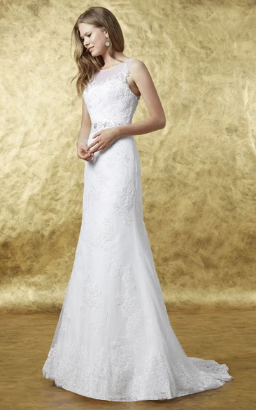 Sheath Floor-Length Appliqued Scoop Sleeveless Lace Wedding Dress With Bow And Waist Jewellery