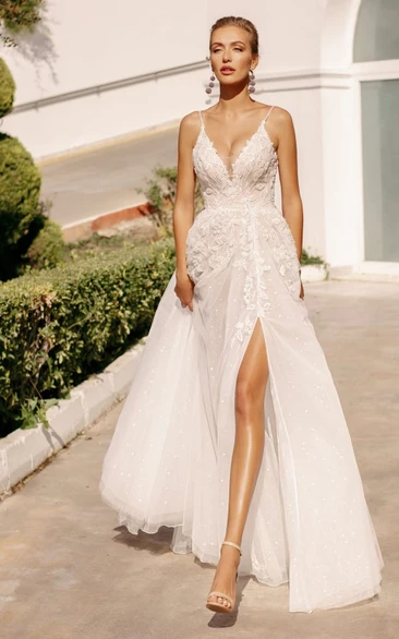 Simple Spaghetti A Line Lace Wedding Dress With Split Front And Open Back