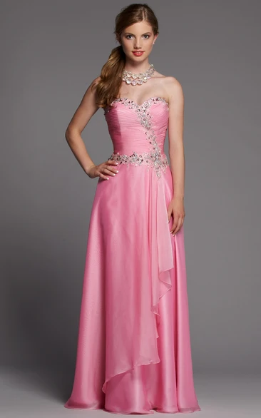 A-Line Long Sweetheart Sleeveless Satin Dress With Beading And Criss Cross