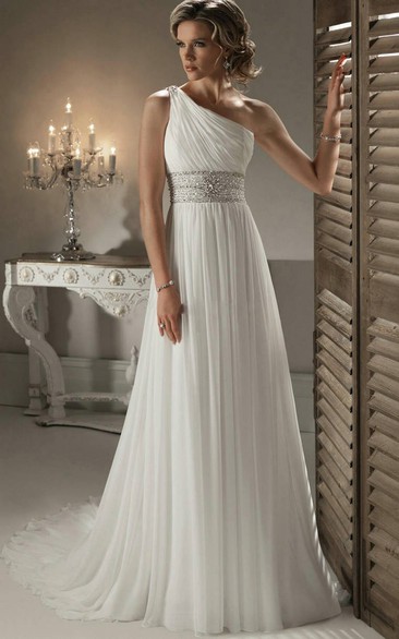 Modern One-shoulder Chiffon Gown With Beaded Wasitband