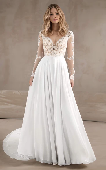 V-neck Long Sleeve Sweep Train Country Lace Garden Wedding Dress