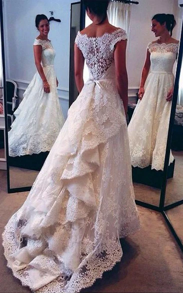 Elegant A Line Off-the-shoulder Lace Wedding Gown with Ruffles