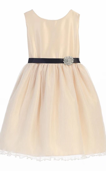 Knee-Length Broach Tiered Pleated Organza&Satin Flower Girl Dress With Sash