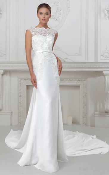 Sheath Cap-Sleeve Bateau-Neck Appliqued Long Satin Wedding Dress