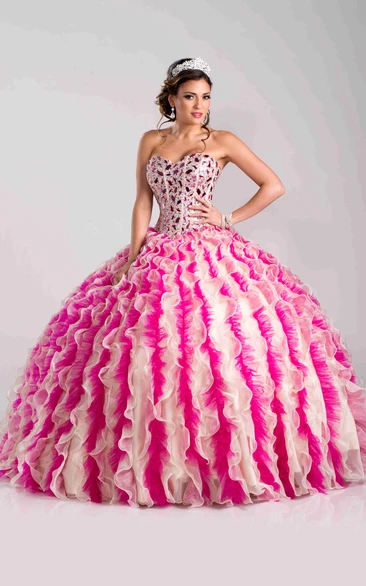 Organza And Tulle Ball Gown With Ruffles And Rhinestones