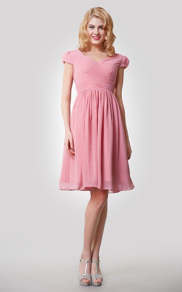 Knee Length A-Line Chiffon Dress With Cap Sleeves and Pleats