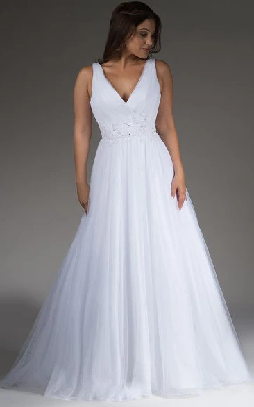 V Neck Pleated A-Line Tulle Bridal Gown With Crystal Waist