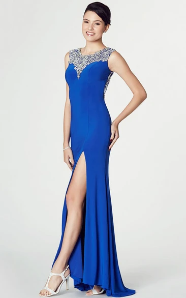 Sleeveless Beaded V-Neck Jersey Prom Dress With Split Front And Keyhole