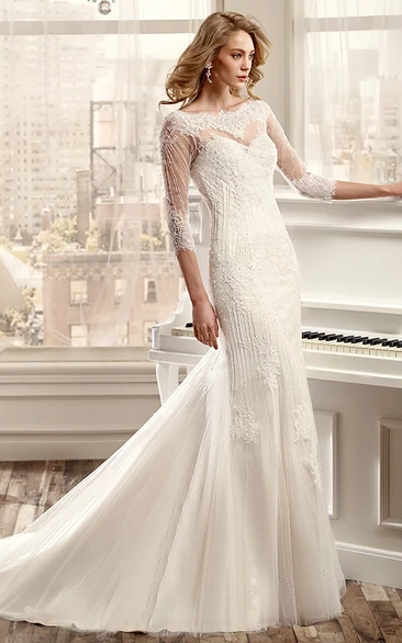 Sheath Beaded Bateau Long 3-4-Sleeve Tulle Wedding Dress With Appliques And Illusion Back