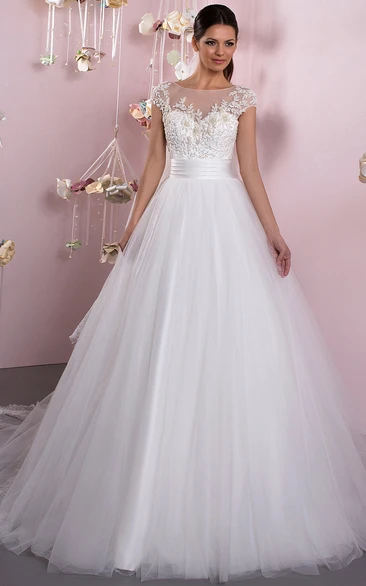 Ball Gown Long Short-Sleeve Square-Neck Tulle Wedding Dress With ...