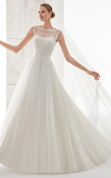 Jewel-Neck Cap-Sleeve A-Line Gown With Lace Bodice And Illusive Neckline And Back