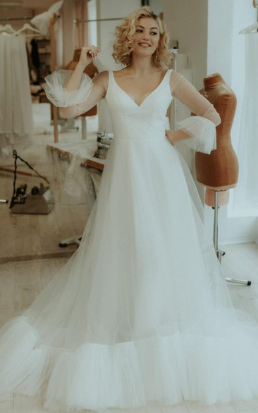 Romantic Tulle V-neck Bell A Line Wedding Dress with Ruching
