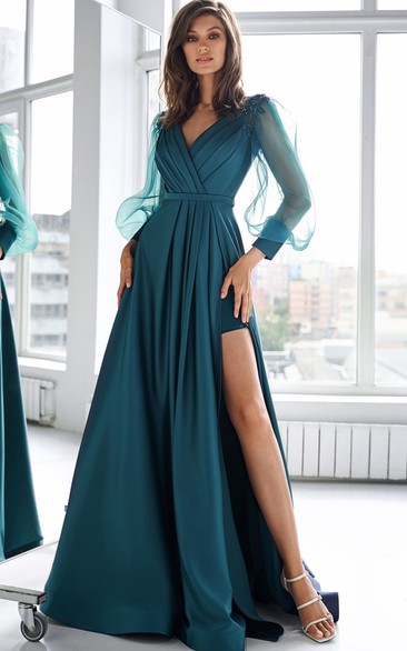 Sexy A Line Satin V-neck Floor-length Mother Dress with Ruching and Split Front