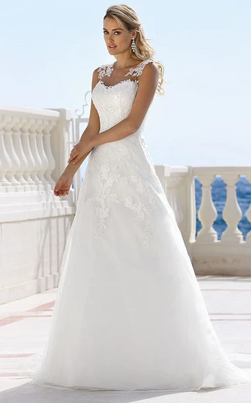 V-Neck Long Appliqued Satin Wedding Dress With Illusion