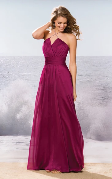 Sleeveless A-Line Long Bridesmaid Dress With Pleats And Beadings
