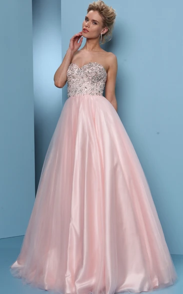 Ball Gown Sweetheart Floor-Length Beaded Sleeveless Tulle&Satin Prom Dress