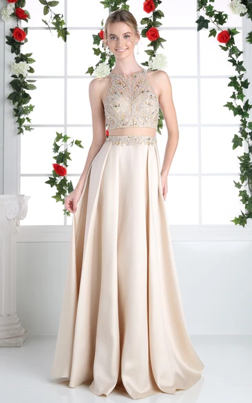 Two-Piece A-Line Long Jewel-Neck Sleeveless Satin Illusion Dress With Crystal Detailing